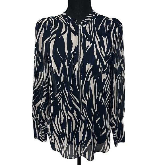 Mint Velvet Zebra Print Sheer Blouse With Zipper Black Cream Blue Women's Size 4 - Picture 9 of 9